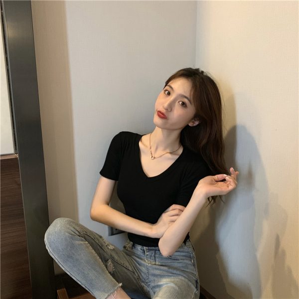 Korean style short T-shirt elasticity V-neck tops